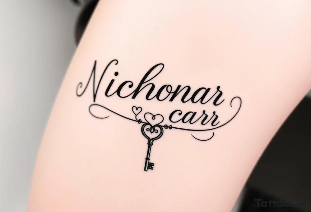 Cursive font writing with creative swirls running with the letters spelling Nicholas Carr. With a fancy heart and key in it at the end.  Nicholas Carr tattoo idea