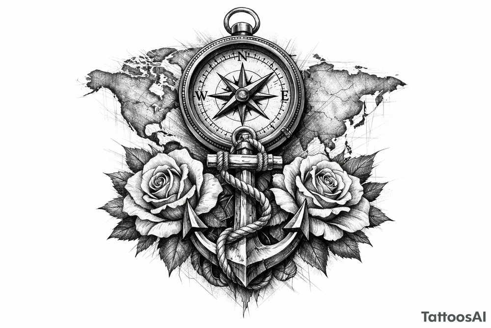 a compass under it an anchor, roses,world map. tattoo idea
