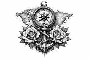 a compass under it an anchor, roses,world map. tattoo idea