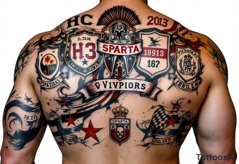 A full back tattoo of "HC Sparta’s" historic victories with dates, crests, and a red-and-silver color scheme. tattoo idea