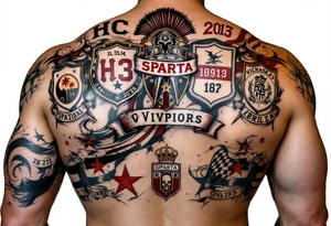 A full back tattoo of "HC Sparta’s" historic victories with dates, crests, and a red-and-silver color scheme. tattoo idea