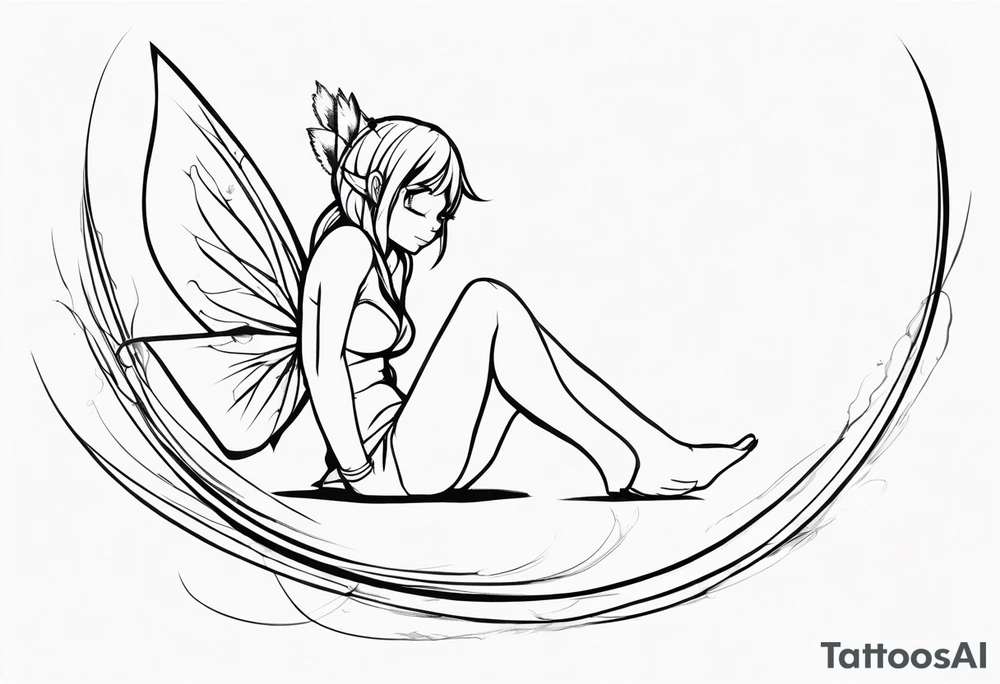 No color sideways sketch of a fairy with a tail inspired by the guild symbol in the anime show called Fairy Tail in a fetal position leaning forward while crawled in and her body is an angle while floating in the air with big wings tattoo idea