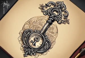 couple tattoo of an antique key with 2016 on it. the key should look it unlocks her matching antique locket with 1999 on it. tattoo idea