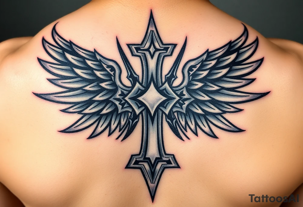 A metal cross with scratches and dents, with warrior-like armored wings in steel gray tattoo idea