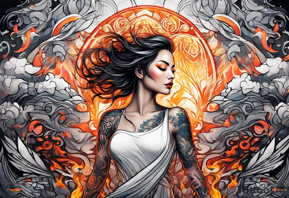 Resurrection strength and courage Beautiful Woman walking through fire and chaos to inner peace and self-love  ethereal tattoo idea