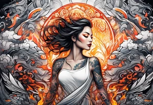 Resurrection strength and courage Beautiful Woman walking through fire and chaos to inner peace and self-love  ethereal tattoo idea