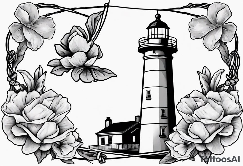 American traditional tattoo of a light house bordered by magnolia flowers and rope. Behind the light house is a periwinkle blue cancer ribbon tattoo idea