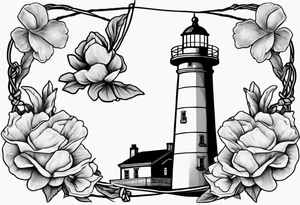 American traditional tattoo of a light house bordered by magnolia flowers and rope. Behind the light house is a periwinkle blue cancer ribbon tattoo idea