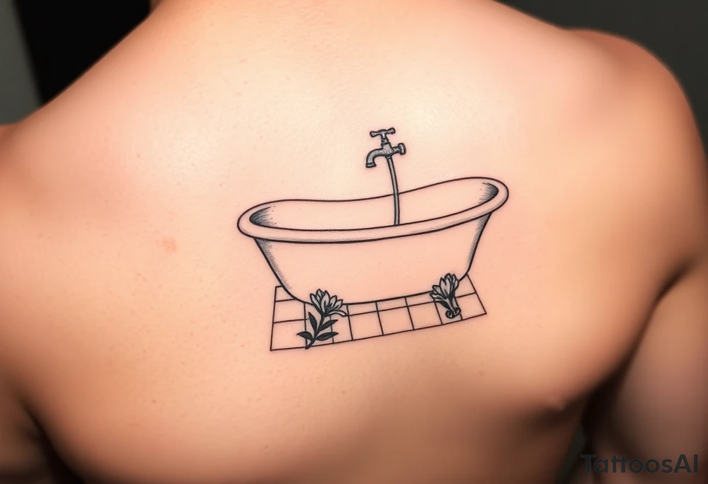clawfoot bathtub with simple faucet and lily coming up out of the tile floor tattoo idea