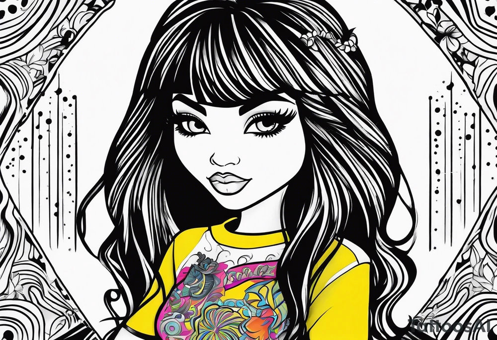 Bratz Doll Flash style Tattoo with black hair and curtain bangs, with a nose ring tattoo idea