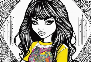 Bratz Doll Flash style Tattoo with black hair and curtain bangs, with a nose ring tattoo idea