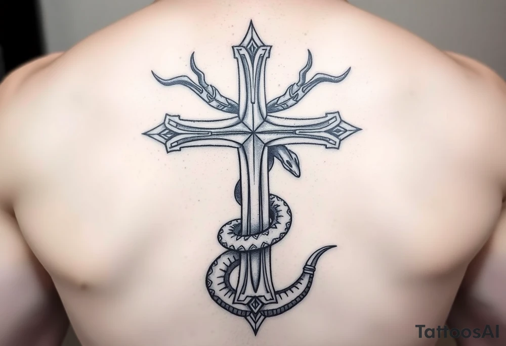 A cross slaying the snake tattoo idea