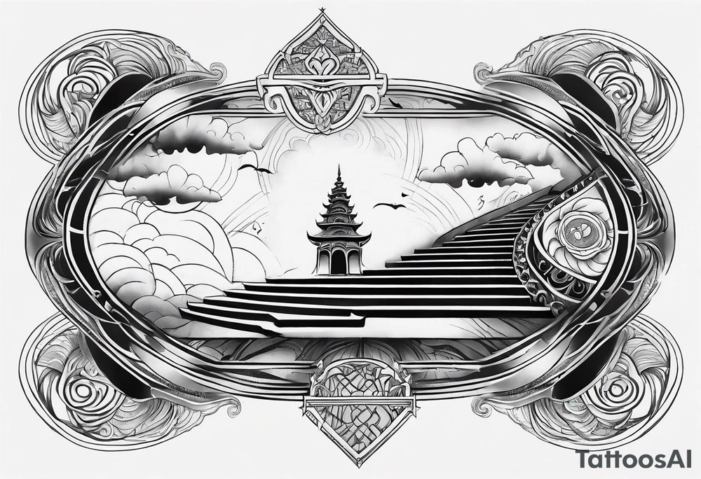 om neck tattoo with rays and clouds stairway tattoo idea