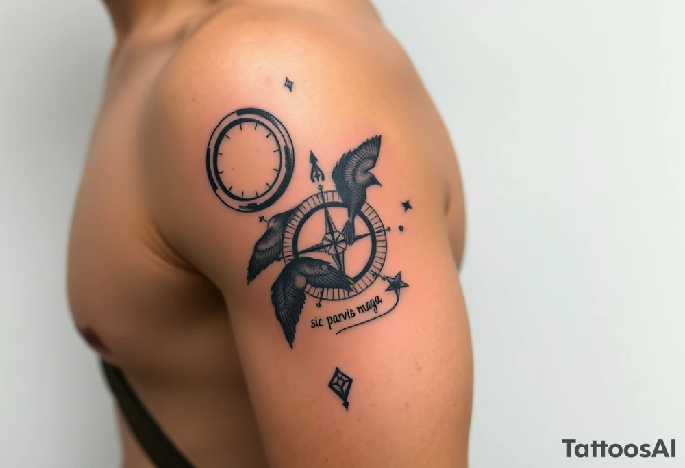 Uncharted 4 sleeve including the designs of the ring, decoder, birds, map, and compass with the words sic parvis magna. tattoo idea