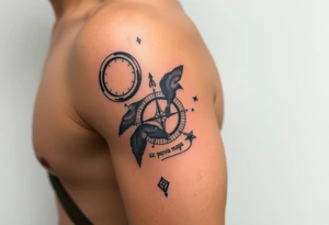 Uncharted 4 sleeve including the designs of the ring, decoder, birds, map, and compass with the words sic parvis magna. tattoo idea