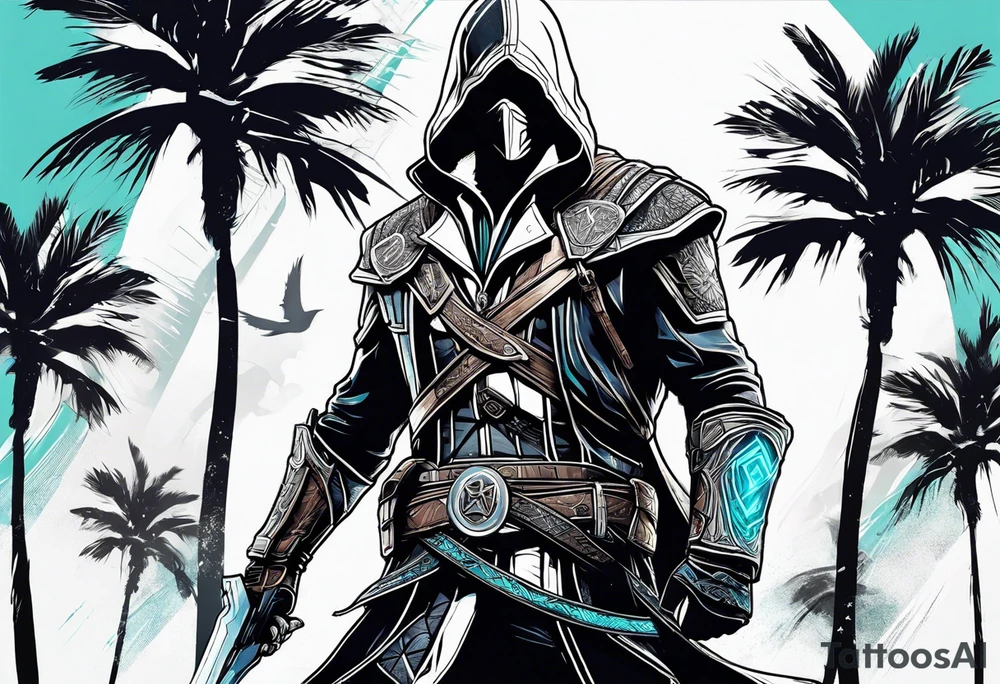 assassins creed character that is in the style of tron with palm trees tattoo idea