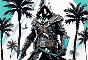 assassins creed character that is in the style of tron with palm trees tattoo idea