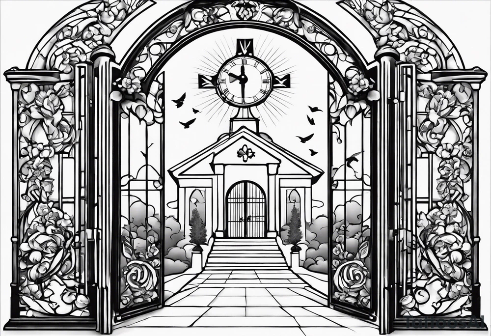Memorializing Mawmaw
07-05-38 / 09-23-24
Grandson and grandma walking up to the gates of heaven with the gates opened shinning bright with a cross and Doves flying around 
Big Busted clock behind it with the time of her death 7:00pm tattoo idea