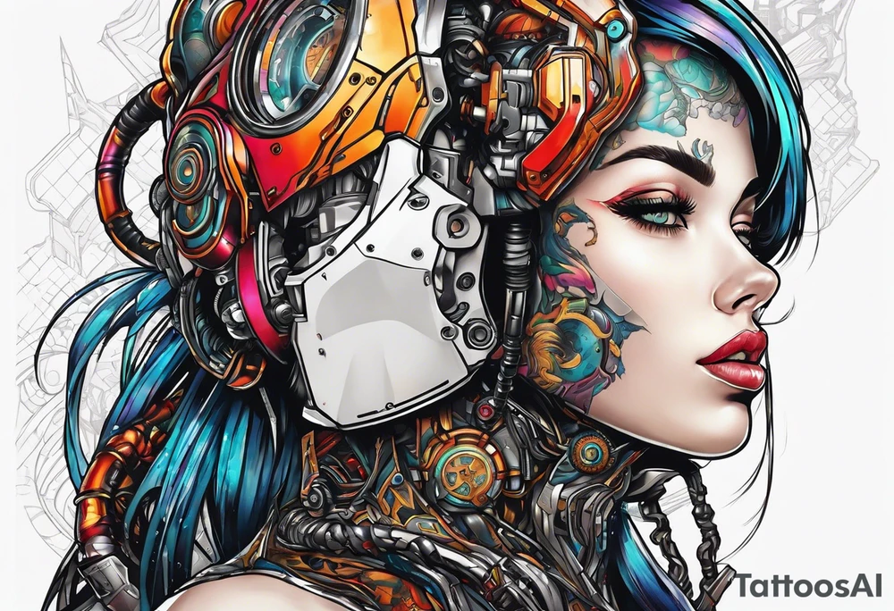 pop art cyborg girl full head not cropped tattoo idea