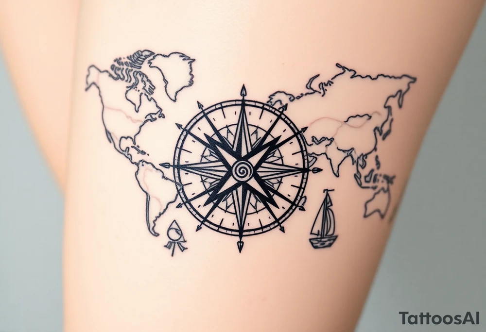 antique compass rose overlaid on weathered world map with sailing ships tattoo idea