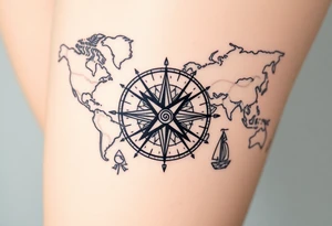 antique compass rose overlaid on weathered world map with sailing ships tattoo idea