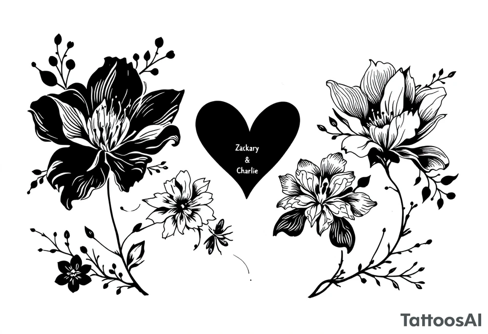 Flowers, heart and buttherfly with name Zackary and Charlie tattoo idea
