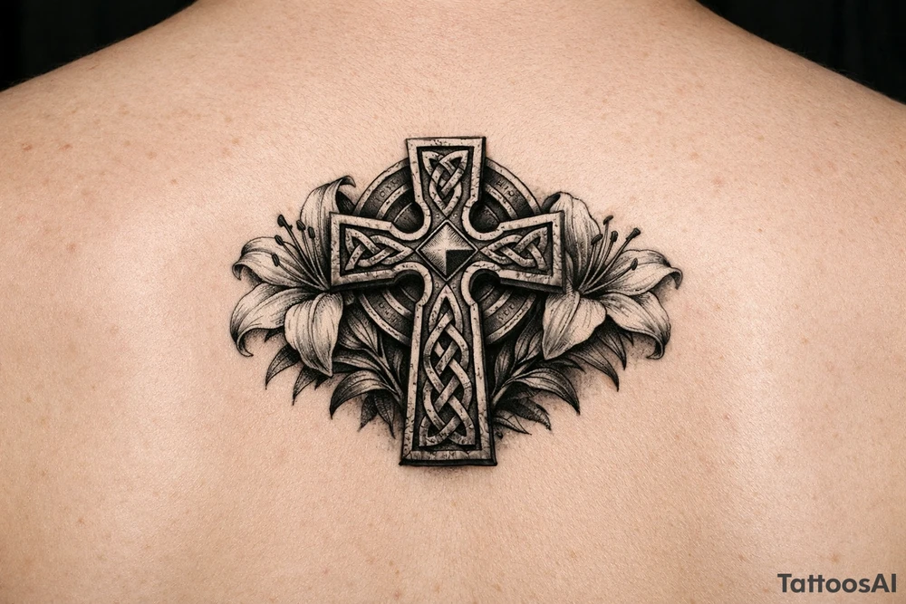 Celtic cross with Lillies memorial tattoo idea