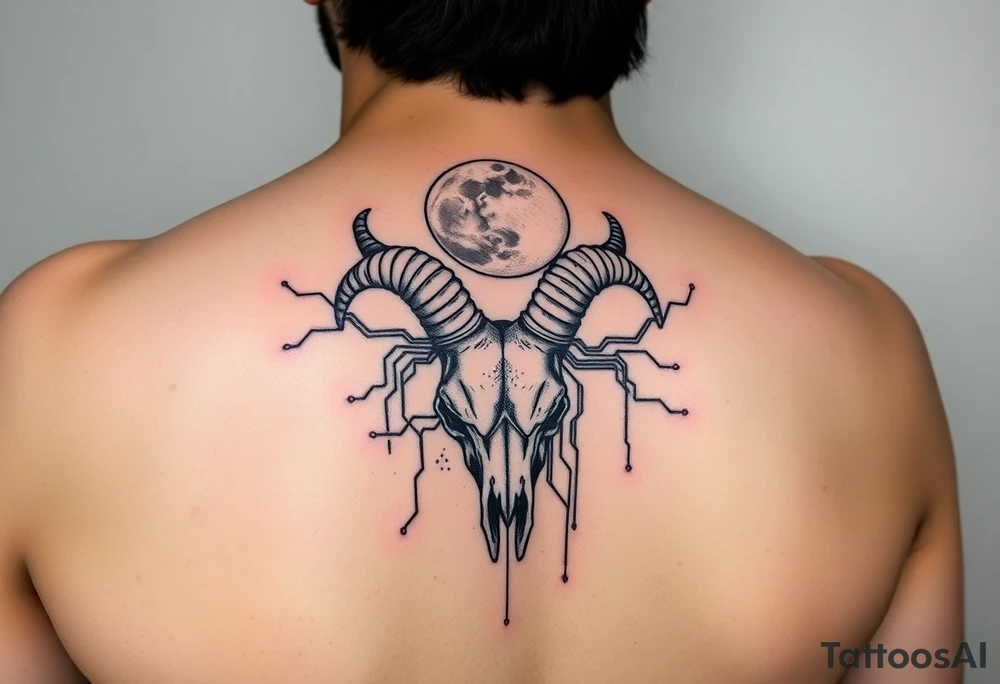 Vertical forearm tattoo, goat skull at wrist, new moon at top, flowing digital circuits connecting elements, blackletter gothic text vertically like 'Magic Illuminator', cyber-gothic occult style, black and gray with subtle glow tattoo idea