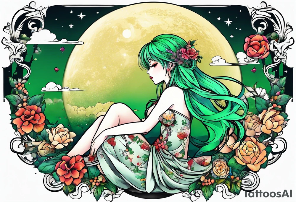 fairy with green hair, eating cake under the moon, tripping balls tattoo idea