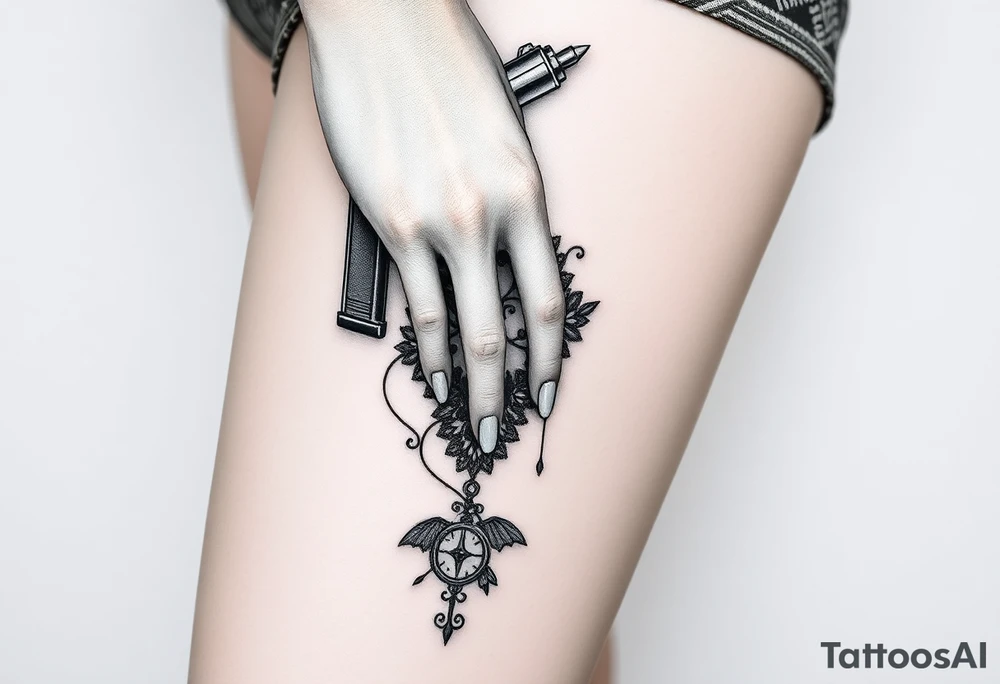 Feminine hand with gun, lace, compass and lipstick tattoo idea