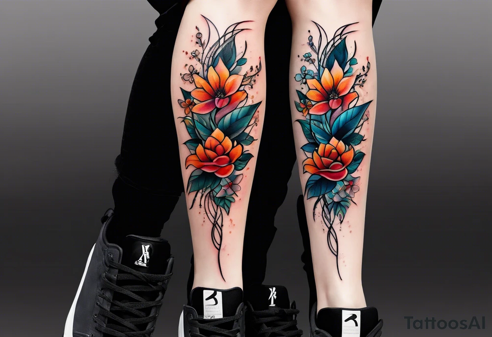 long vertical tattoo to cover my whole shin showing two separate flower stems wrapped around each other, I want a long stem to show them intertwined tattoo idea