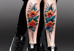 long vertical tattoo to cover my whole shin showing two separate flower stems wrapped around each other, I want a long stem to show them intertwined tattoo idea