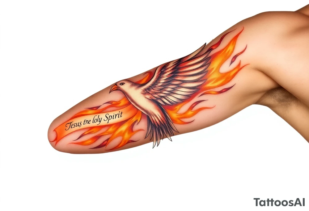 dove of fire with the names of Jesus and the Holy Spirit in English tattoo idea