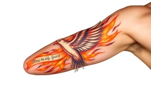dove of fire with the names of Jesus and the Holy Spirit in English tattoo idea