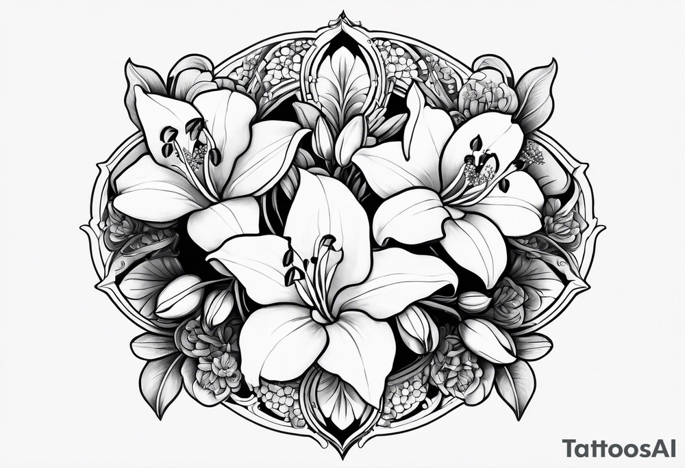 Honeysuckle lily of the valley orchid snapdragon mandala black tattoo design tattoo idea