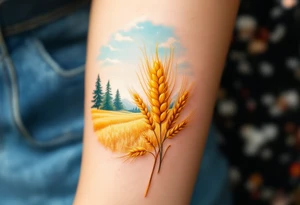 A golden wheat field, beer hop cone and coniferous forest under a blue sky, capturing the beauty of the Czech countryside and prosperity. tattoo idea