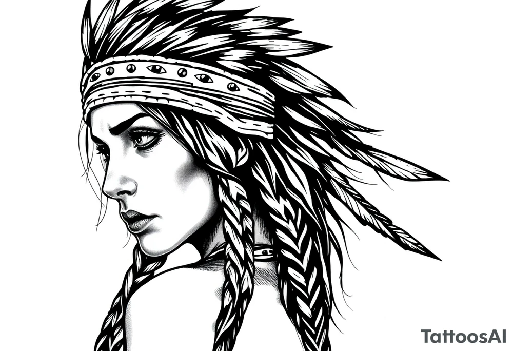Female Native American with headband side pose tattoo idea
