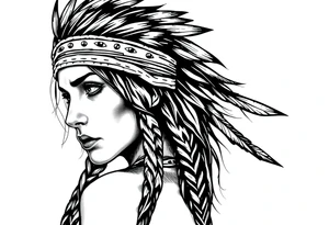 Female Native American with headband side pose tattoo idea