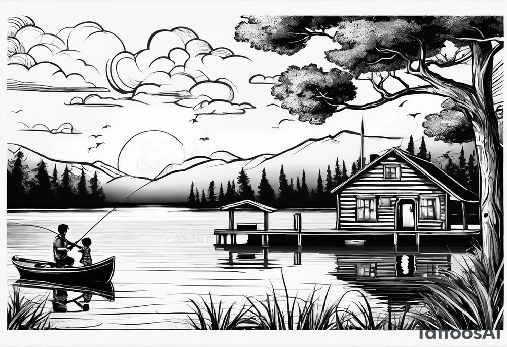 forearm tattoo set on a lake. At the bottom of the tattoo there is a boat dock with a little boy fishing and a little girl reading. There are trees surrounding the lake. tattoo idea