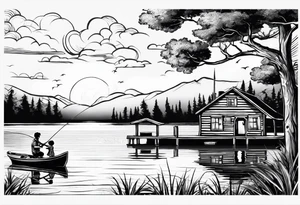 forearm tattoo set on a lake. At the bottom of the tattoo there is a boat dock with a little boy fishing and a little girl reading. There are trees surrounding the lake. tattoo idea