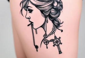 Profile of woman with messy face, hand on chin, pearls hanging from mouth , compass and gun near by tattoo idea