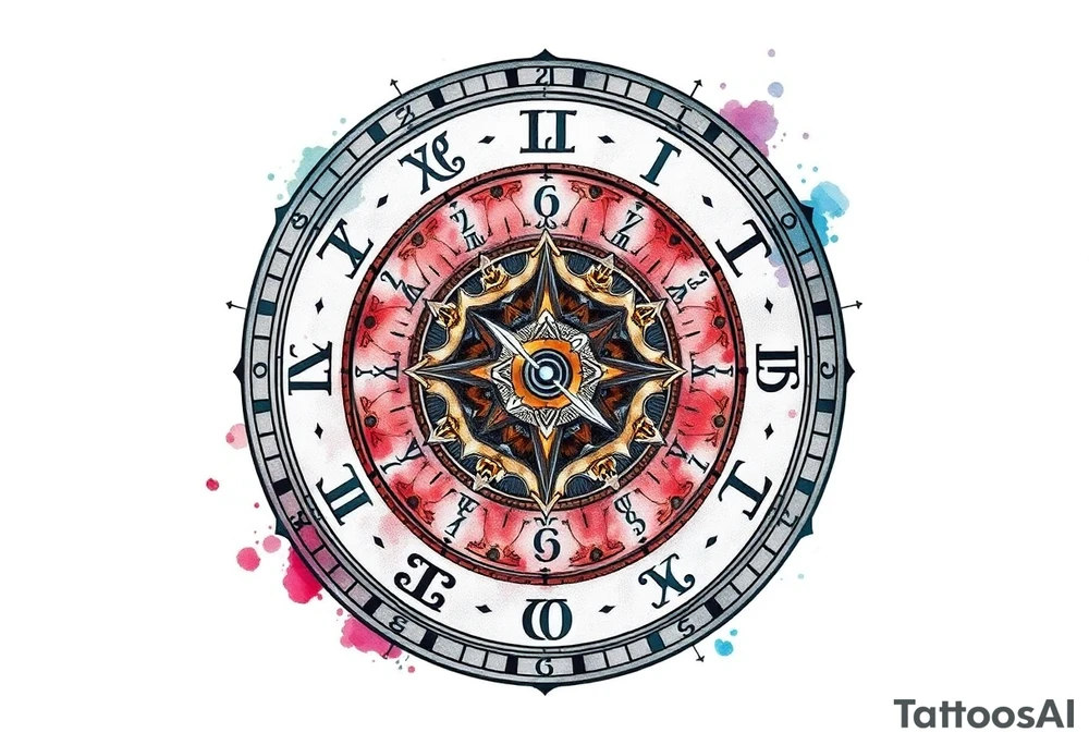 zodiac symbols and Norse runes within ornate clockwork mechanism tattoo idea