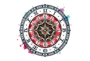 zodiac symbols and Norse runes within ornate clockwork mechanism tattoo idea
