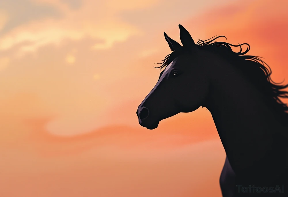 Sunset Silhouette Horse – A black horse head in profile against a warm gradient sunset background with tones of orange, red, and gold. tattoo idea