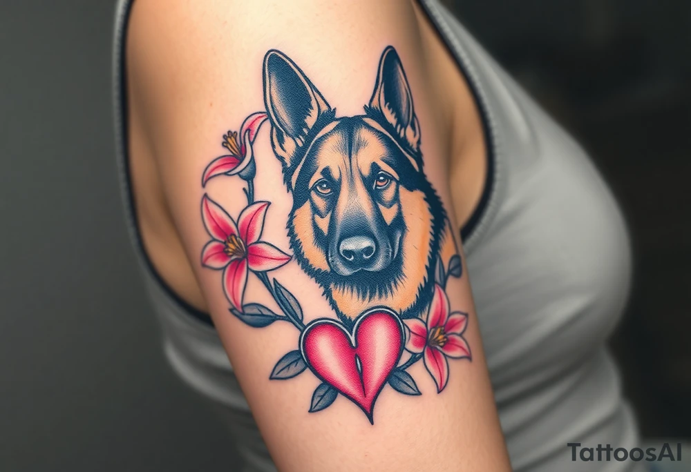strong short haired german shepherd with alert ears surrounded by pink lilies with large leaves with a small sacred heart below tattoo idea