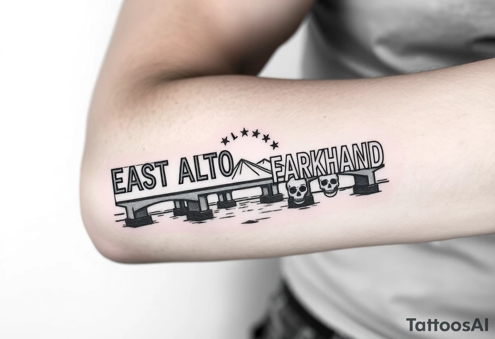 “East Palo Alto” city sign and “Newark” city sign on opposite sides of a bridge going across water in California with skulls and money and  scarface tattoo idea