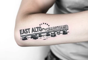 “East Palo Alto” city sign and “Newark” city sign on opposite sides of a bridge going across water in California with skulls and money and  scarface tattoo idea