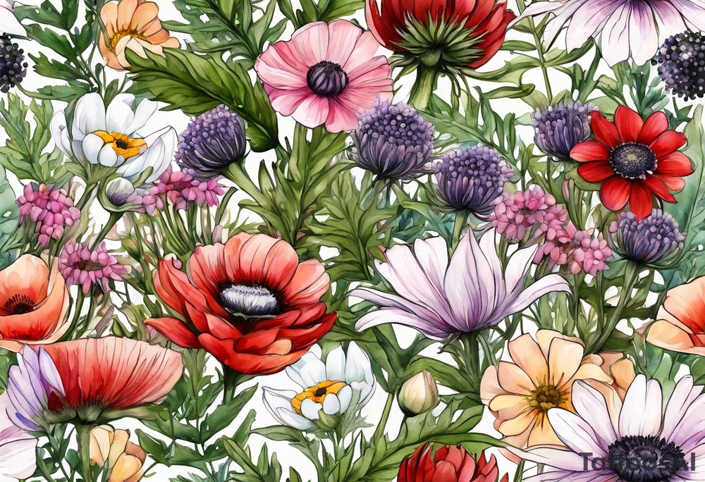 wildflowers with thistles, ferns, ranuculus, white anemones with black center, sun flowers, red flowers, pink flowers, purple flowers, buttercups, babys breath, daisies, and greenery all in watercolor tattoo idea