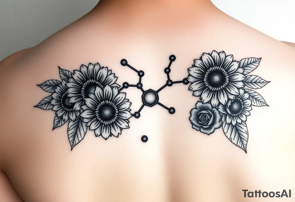 Dopamine molecule structure made from sunflowers, hexagons, and roses tattoo idea