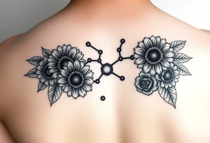 Dopamine molecule structure made from sunflowers, hexagons, and roses tattoo idea